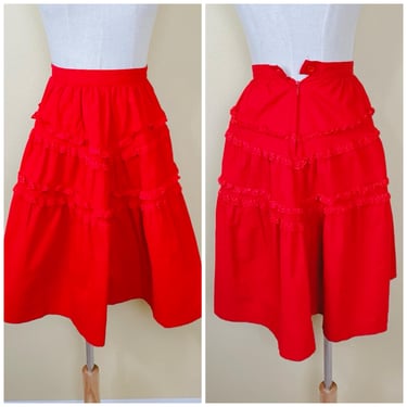 1980s Vintage Red Ruffled Skirt / 80s High Waisted Flare Ruffle Skirt / Size XS Waist 23.5