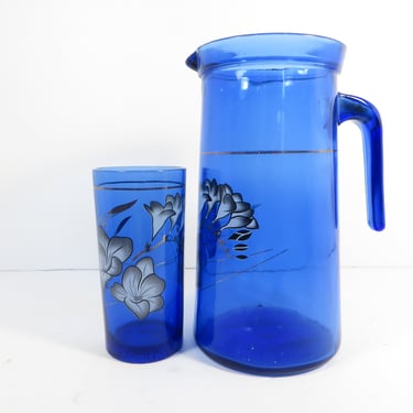 Vintage Cobalt Blue Glass Pitcher And Tumbler - Bedside Cobalt Blue Water Pitcher and Glass 