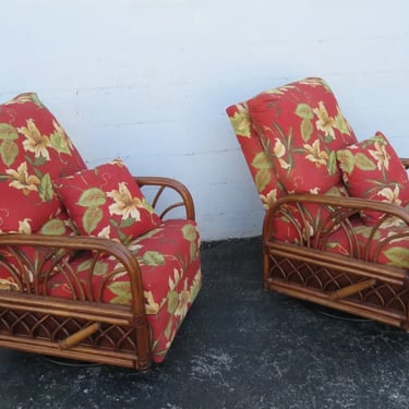 Classic Rattan Hollywood Regency Swivel Recliner Lounge Chairs a Pair 5125