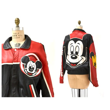80s 90s Vintage Leather Jacket with Mickey Mouse Large XL // Vintage Leather Bomber Jacket with Mickey Mouse Cartoon Disney Black Red Large 