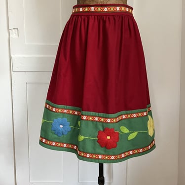 Vintage 1950s Drindl Skirt Red & Green Wool Embroidered Flowers Folk Dress
