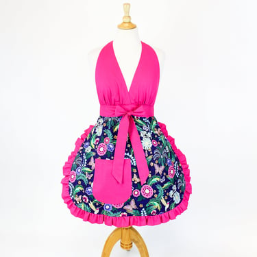 Butterfly and Flowers Hot Pink Apron 