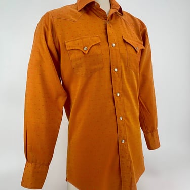 1960's Burnt Orange Western Rodeo Cowboy Shirt - H BAR C Ranchwear - Poly Blend Fabric - Pearlized Snap Buttons . X-Long Body - Men's SMALL 