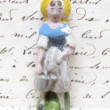 Antique Miniature French Hand Painted Composite Girl or Woman with Watering Can, Vintage Toy  for Putz or Nativity,  Doll House 