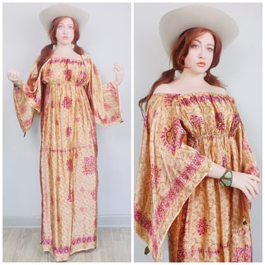 1970s Vintage Gold and Rust Acetate Scarf Dress / 70s / Seventies Empire Waist Goddess Off Shoulder Maxi Gown / XL 