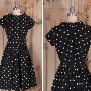 1950s Dress - The Oxford Dress - Crisp Vintage 50s Cotton Dress with Cute Comma Style Polka Dots and Back Bow 