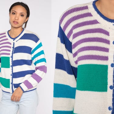 Striped Cardigan 90s White Button Up Sweater Retro Hipster Knit Sweater Blue Green Purple Stripes Vintage 1990s Cotton Ramie Petite Small S 