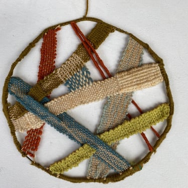 Vintage Yarn Wall Hanging, Hand Made, Round Textile Art, Weaving, Knit Tapestry 