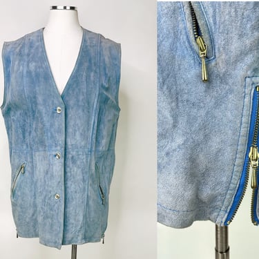 1970s Baby Blue Suede Horn Button Front Vest w Bold Metal Zip Sides by Emotion Men M/L | Vintage, Halloween, Biker, Groovy, Retro, Musician 