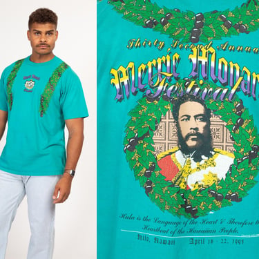 Lrg-XL 90s Hawaiian King Kalākaua Merrie Monarch Festival T Shirt | Vintage Turquoise Souvenir Graphic Tee 