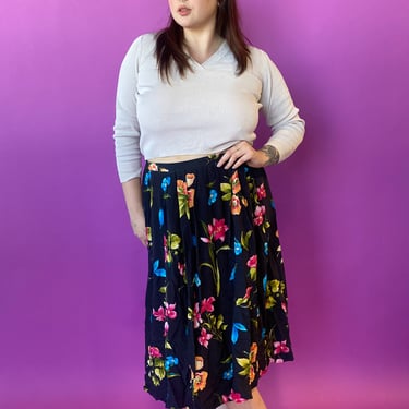 1980s Silk Vibrant Watercolor Floral Skirt, sz. XL