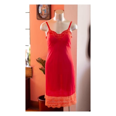 Vintage Lace Slip Dress - Hot Pink, Orange - Vintage Lingerie 