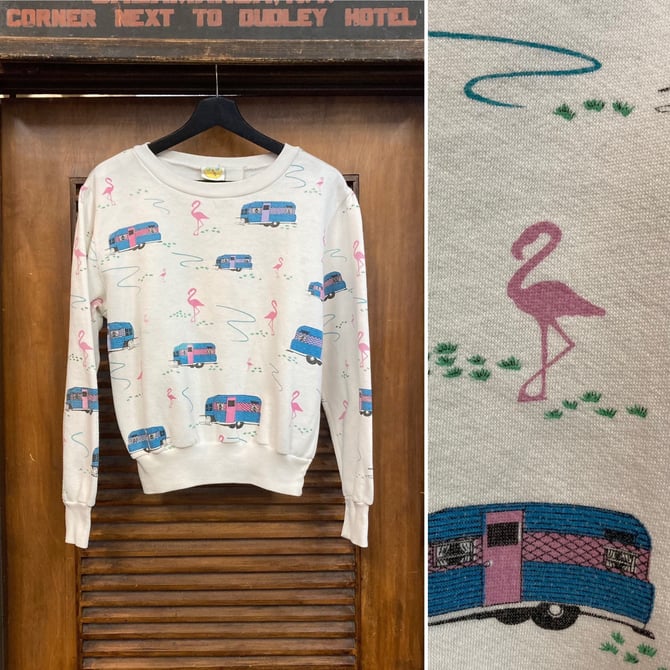 Vintage 1980’s 1950’s Style Pink Flamingo x Trailer New Wave Sweatshirt, 80’s Pullover, Vintage Clothing 