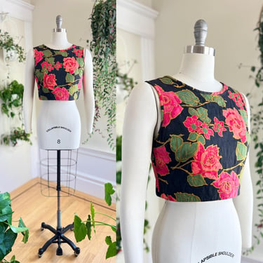 Vintage 1960s Crop Top | 60s ALEX COLEMAN Rose Floral Print Quilted Cotton Black Pink Cropped Shirt (small/medium) 