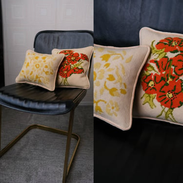 Vintage 70s Floral Needlepoint & Velvet Hand Made Pillow Set | Poppies Throw Pillow Set | Decorative Poof | 1970s Bohemian Boho Home Decor 