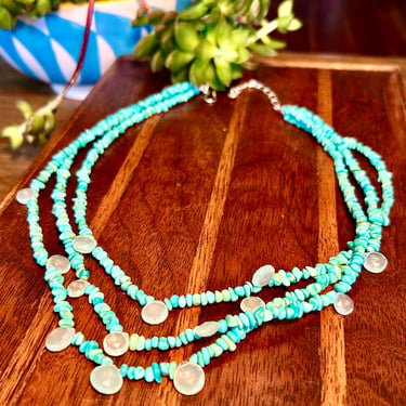 Turquoise Nugget Chip Amazonite Crystal Multi Strand Necklace Sterling Silver Hook Closure 