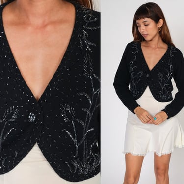 Black Beaded Cardigan 90s Sparkly Wool Angora Sweater Knit Cropped Sweater V Neck Formal Party Glam Knitwear Crop Vintage 1990s Small S 