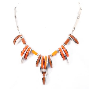 Machine Age Orange and Brown Galalith Plastic and Chrome Necklace