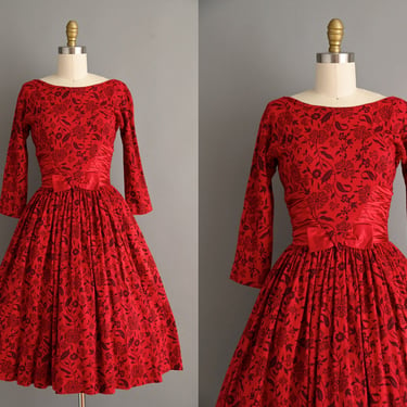 vintage 1950s Dress | Jonathan Logan Floral Print Red Free Full Skirt Red Dress | XS 