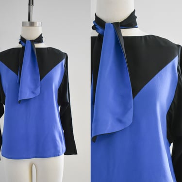 1980s David Hayes Blue and Black Silk Colorblock Blouse 