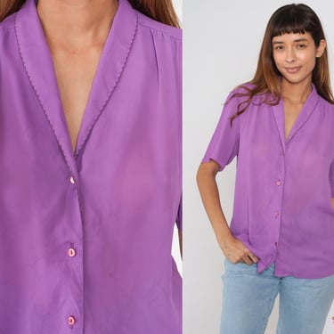 Purple Blouse 80s Puff Sleeve Top Semi-Sheer Pleated Button up Shirt Simple Plain Secretary Collared V Neck Preppy Chic Vintage 1980s Large 