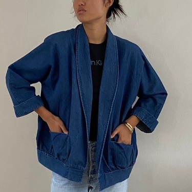 90s jean blazer jacket / vintage denim open front batwing sleeve jean jacket blazer | Large 