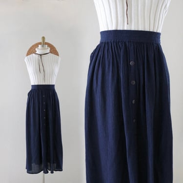 navy gauze maxi skirt - 28-34 - vintage 90s y2k dark blue small medium button long womens casual boho hippie skirt 
