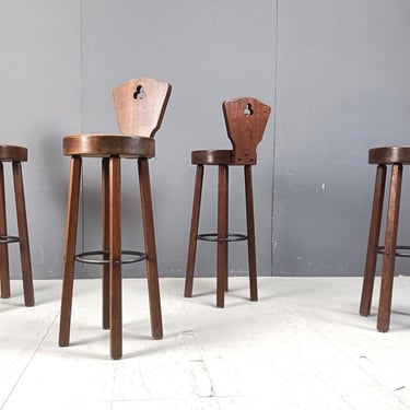 Mid century brutalist bar stools - set of 4, 1960s - vintage wooden bar stools - brutalist stools - oak bar stools - vintage bar stools 