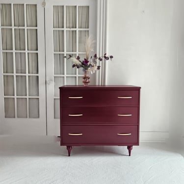 mid century dresser,  burgundy dresser,  vintage mcm, art deco bureau,  chest of drawers, mauve, vintage vibes dresser nj nyc 