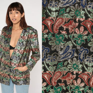 Metallic Floral Blazer 90s Shiny Paisley Button up Blazer Jacket Party Cocktail Formal Glam Silver Red Blue Green Boho Vintage 1990s Small S 