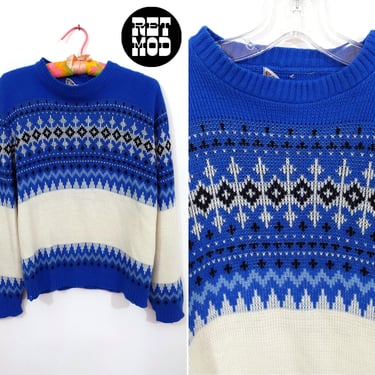 Cozy Vintage 70s 80s Blue White Nordic Ski Sweater Vibes 