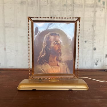 Vintage Illuminated Tabletop Frame with Jesus Print Retro Art 