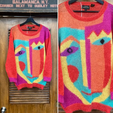 Vintage 1980’s Picasso Face Avant Garde New Wave Mohair Knit Sweater, 80’s Vintage Clothing 