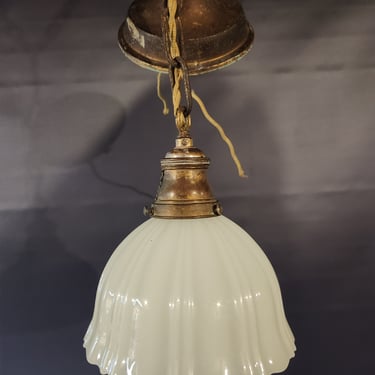 Vintage Brass Pendant Light with Milk Glass Shade 7.25