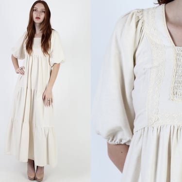 Vintage 70s Rustic Country Dress, Ivory CottageCore Prairie Dress, Cream Smocked Tiered Maxi Dress 