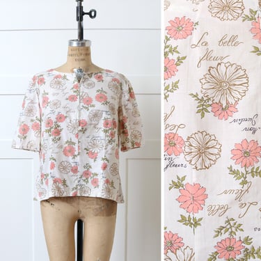 vintage early 1960s floral blouse • white & pink cotton zipper front short sleeve top 