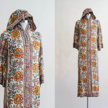 1970s Indian cotton maxi dress | hooded dress | batik floral dress | boho peasant hippie festival dress 