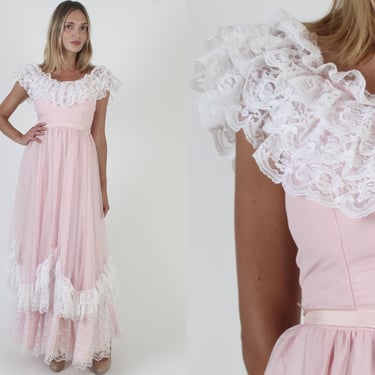 Pink Prairie Lace Wedding Dress / 70s Solid Barbiecore Gown / Old Fashion Southern Belle / Simple Country Saloon Maxi 