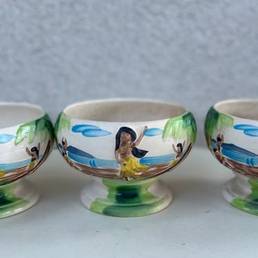 Vintage set 3 Tiki bowl mugs ceramic Harvey’s Lake Tahoe NV. 3D hula girls made by OMC Japan 