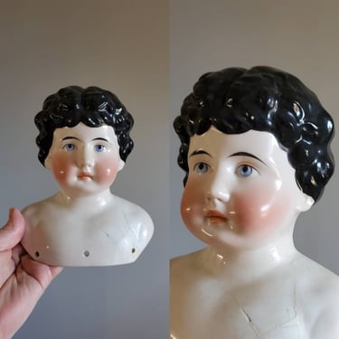 Large Antique Male Doll Head Painted Black Hair - Antique German Dolls - Collectible Dolls 7&quot; tall 