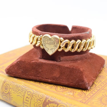 Vintage 1940s Sweetheart Bracelet "FAN" | 40s Victorian Revival Style Gold Expandable Heart Charm Bracelet 