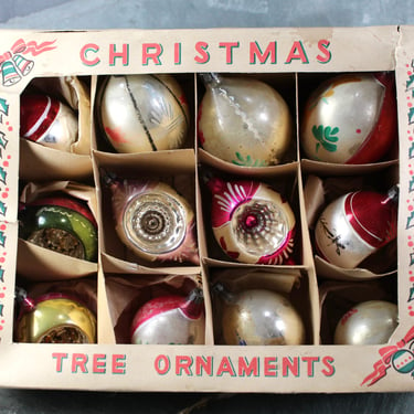 Vintage Polish Glass Christmas Ornaments | Glass Reflector Ornaments | Set of 12 in Box | Vintage Christmas Ornaments 
