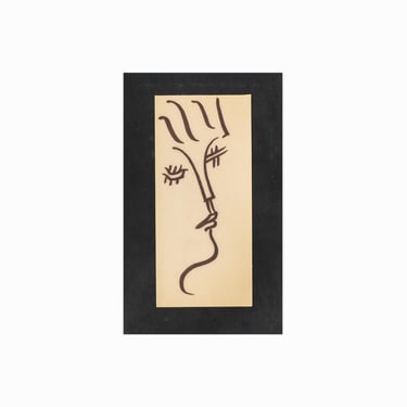 Mid Century Face Line Painting on Paper Black Marker Drawing Black & White 