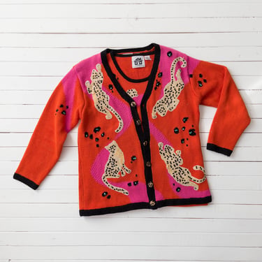 Storybook Knits sweater | 90s y2k vintage orange black leopard cheetah hand knit novelty granny cottagecore sweater 