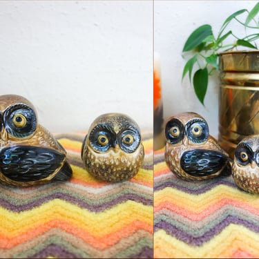 Vintage set of 2 owl stoneware figurines, small cute Japanese MCM ceramic animal statues, 70s boho home decor gift for owl lover, brown gold 