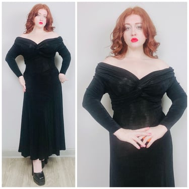 1990s Vintage Moda Int'l Spandex Off Shoulder Gown / 90s Romantic Acetate Lycra Goth Witchy Maxi Dress / Size Large 