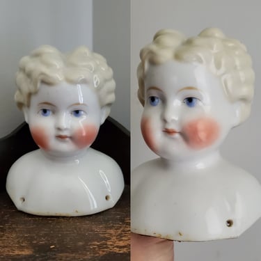 Large Antique Blonde China Doll Head with Butterfly Hairstyle - 5