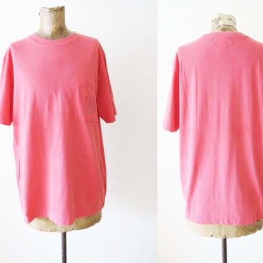 Vintage 90s Coral Pink Pocket T Shirt M S M - 1990s Jones New York Cotton Crewneck Shirt - Solid Color 