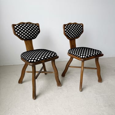 SCALLOPED WOOD CHAIRS WITH CHECKERED VELVET UPHOLSTERY