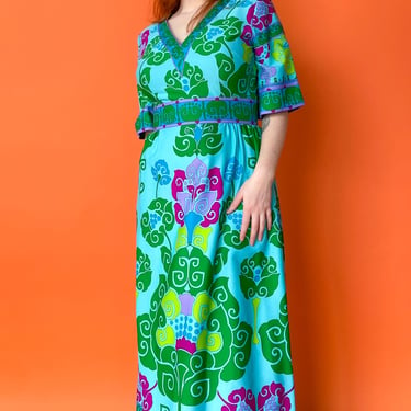 1970s Colorful Teal Maxi Dress, sz. L